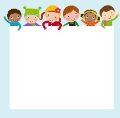 Children in winter clothes and banner