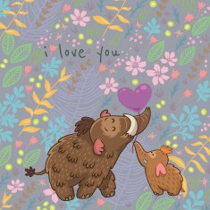 Cartoon vector floral card with mammoth
