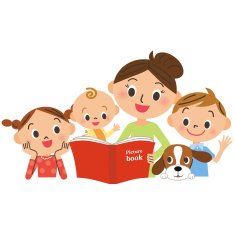 Children gathering for mother reading a picture book