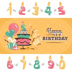 Birthday greeting card with big cake vector illustration