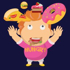 hungry fat boy and his falling dessert - vector illustration