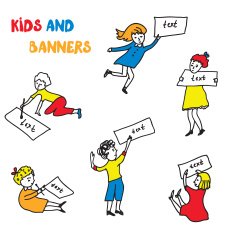 Kids and banners sketches set