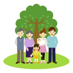 Happy family standing in front of the tree