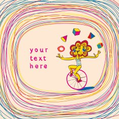 Colorful background with juggling lion by bicycle Place for text