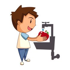 Child washing fruit apple
