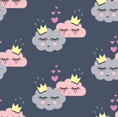 Seamless pattern with smiling sleeping clouds in love for holidays