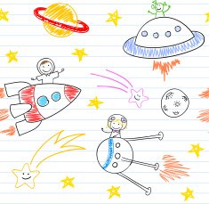Seamless background with happy children's and aliens