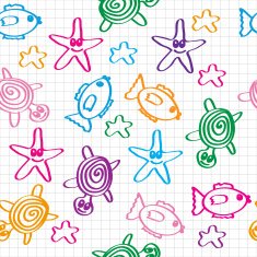 hand drawn seamless pattern with funny colored marine life