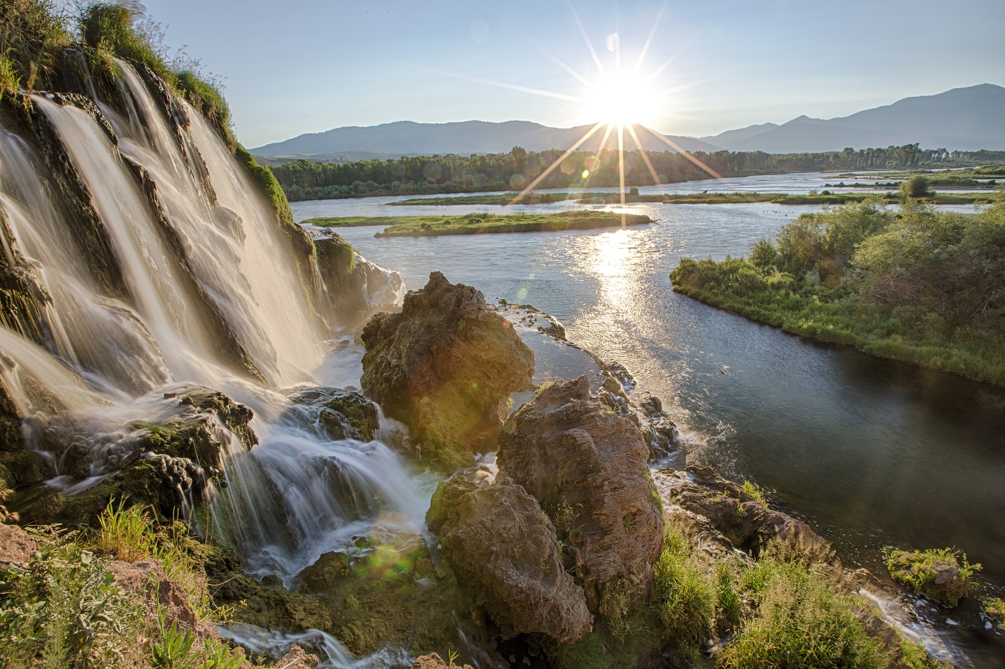 Mountain snake river waterfall sunny landscape free image download