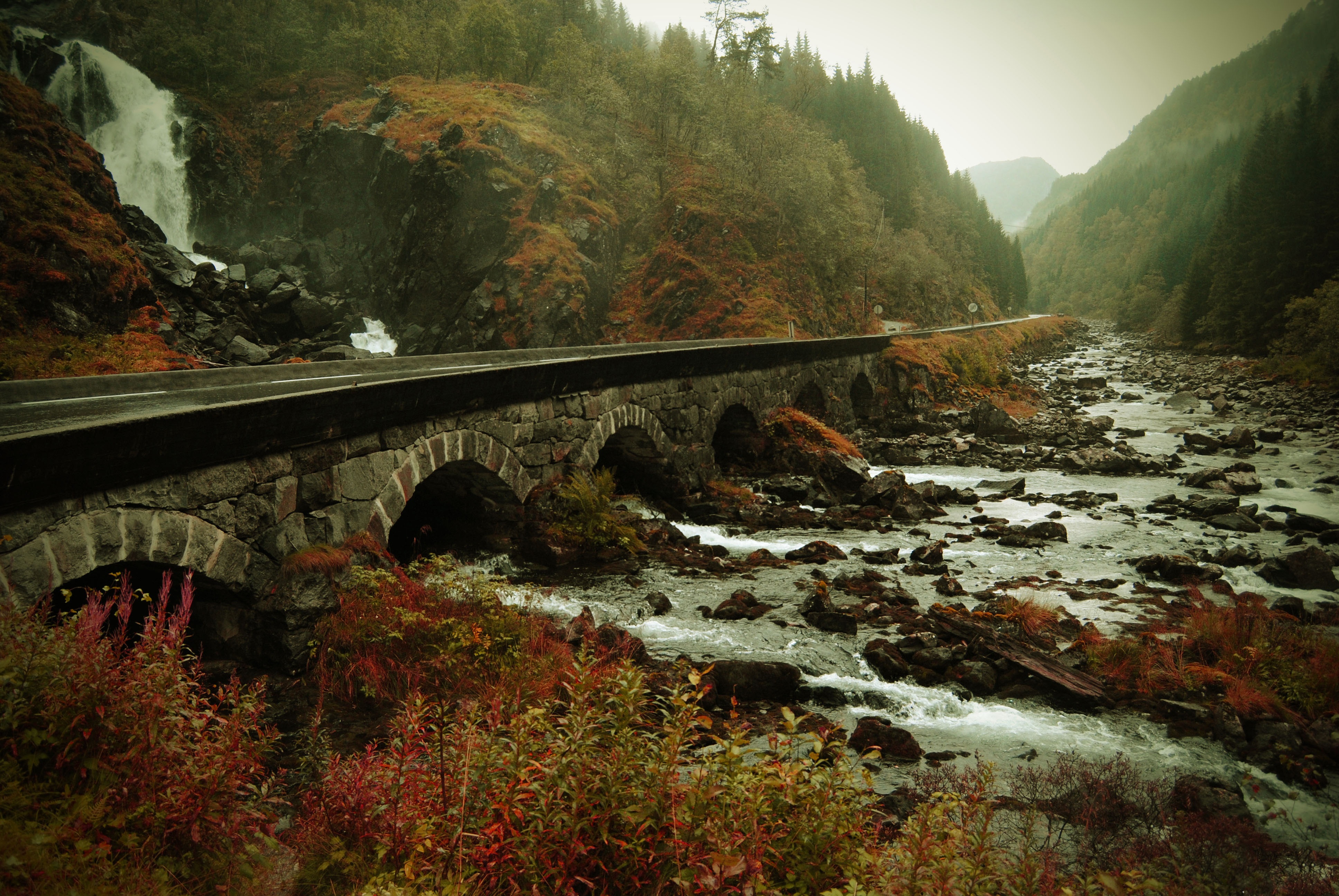 Waterfall And Stone Bridge In Norway Free Image