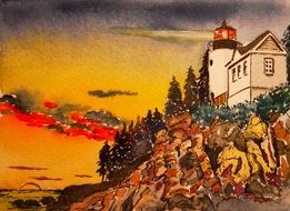 watercolor painting - image of a lighthouse on a hillside