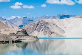 Mountain lake near the mountain with snow