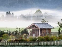 lonely house in frosty morning