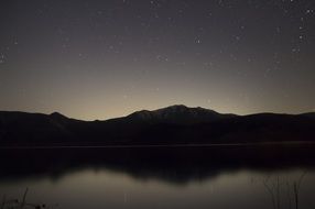 landscape of dark, grey mountain and water