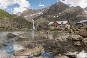 landscape of House in mountains pond