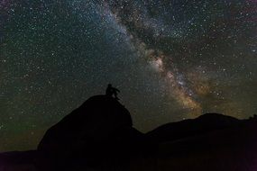 Silhouette of a man on a rock against the backdrop of a milky way