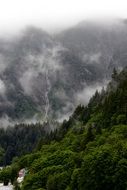 waterfall on a foggy mountain