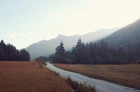 Straight road among the yellow fields and mountains on the beautiful landscape