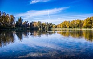 blue lake among autumn trees