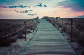 Wooden bridge walkway path evening view