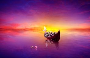 beautiful dreams, collage, boat with flowers on colorful lake at sunset