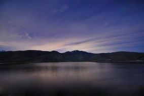 natural landscape of the lake on the background of mountains and blue sky with clouds