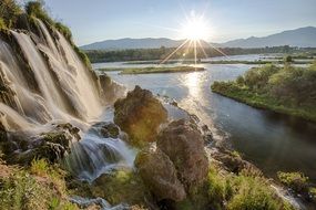 mountain snake river waterfall sunny landscape