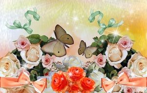 painted bouquets of roses and brown butterflies