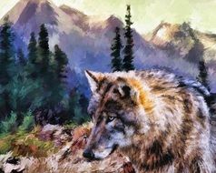 Beautiful and colorful drawing of the wolf on landscape with the mountains