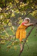 Little girl in a beautiful dress on a tree