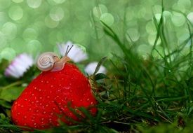 small snail with shell on the strawberry