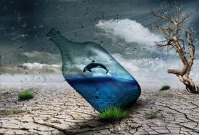 bottle with a dolphin in the desert art