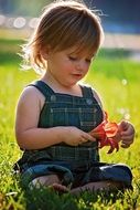 baby girl sitting on grass holds red flower