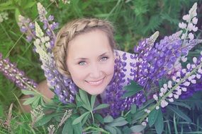 Smiling Woman in white purple flowers