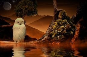 Beautiful and colorful landscape with white owl