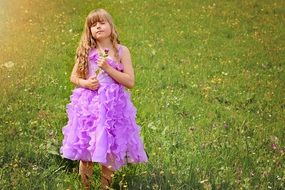Little girl in a beautiful dress with long hair amid a meadow