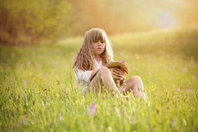 girl with long golden hair sits on a meadow