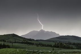 Lightning during a thunderstorm over a mountain in America