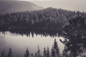 canada lake reflection in water black and white view