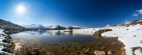 sunny mountain lake wide panorama