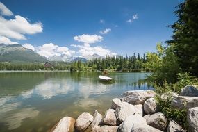 Landscape with the beautiful lake outdoors in summer on a sunny day