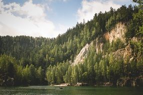 lake landscape against the background of the mountain forest