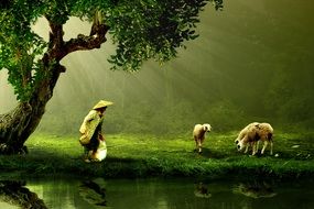 female shepherd in a pasture with sheep