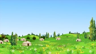 mountain village landscape as a cartoon