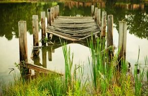 destroyed pier on the lake close-up