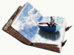 man in boat on book page, collage