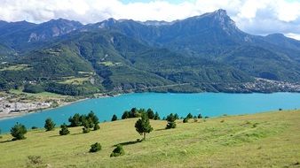 Alpine blue lake on the background of high mountains