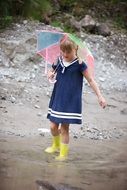 child walks in the rain in puddles