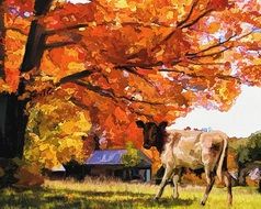 painted cow on farm in autumn