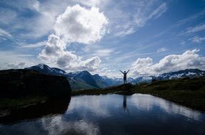 white clouds reflected in a mountain lake on landscape
